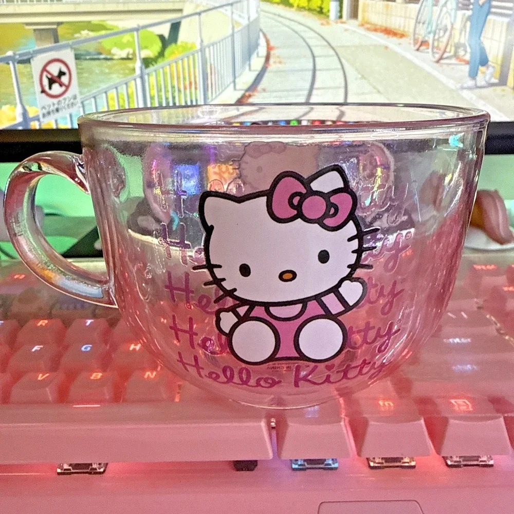Sanrio Hello Kitty Mug Clear Pink Glass Large Coffee Latte Tea Cup 16oz 2024